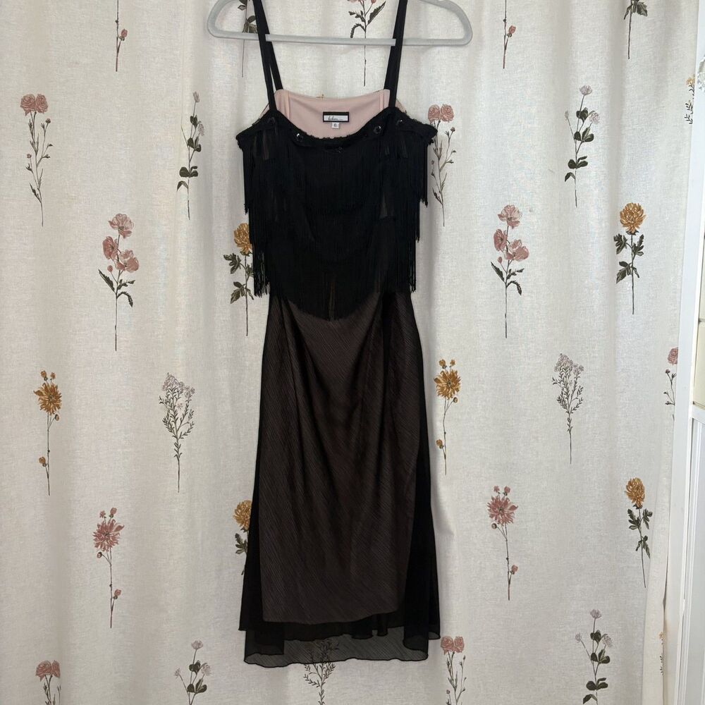 Believe... Black Fringe Flapper 90s Cocktail Dress w/ Blush Lining, Sz 6